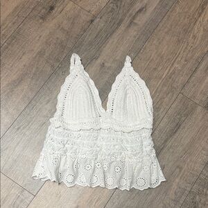 Cotton Crochet Eyelet Lace White Camisole Tank with Smocked Waist